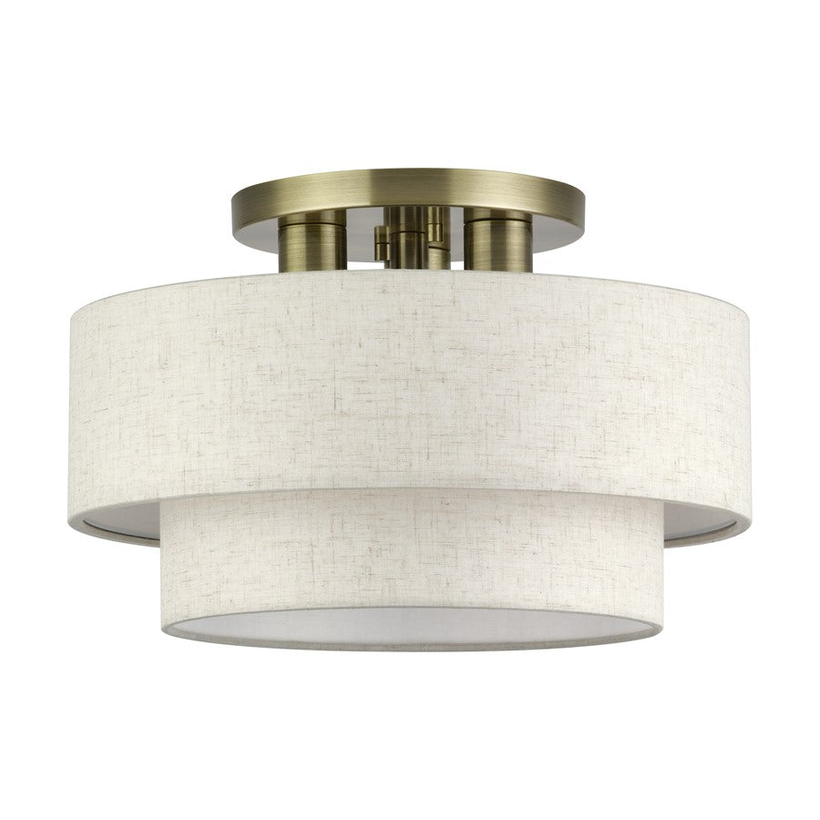Livex Manorwood 3Lt 9.5" Semi-Flush, Brass/Oatmeal/White