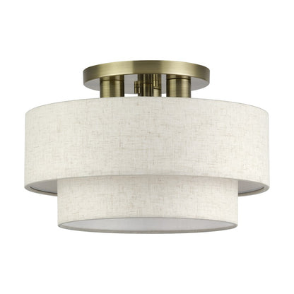 Livex Manorwood 3Lt 9.5" Semi-Flush, Brass/Oatmeal/White