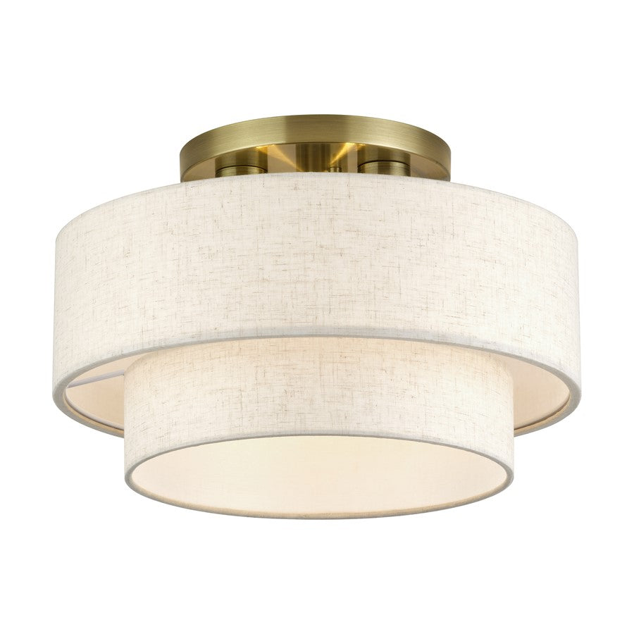 Livex Manorwood 3Lt 9.5" Semi-Flush, Brass/Oatmeal/White