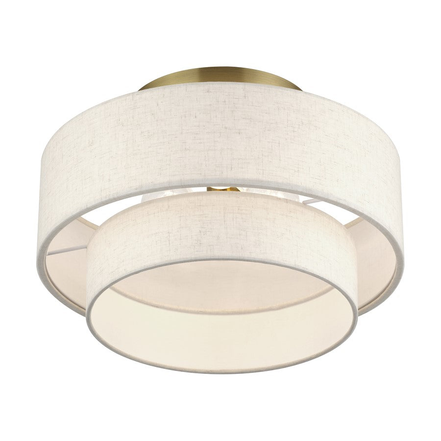 Livex Manorwood 3Lt 9.5" Semi-Flush, Brass/Oatmeal/White