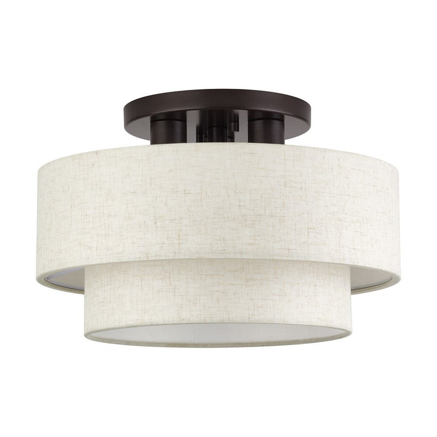 Livex Manorwood 3Lt 9.5" Semi-Flush, Bronze/Oatmeal/White