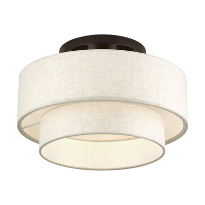 Livex Manorwood 3Lt 9.5" Semi-Flush, Bronze/Oatmeal/White