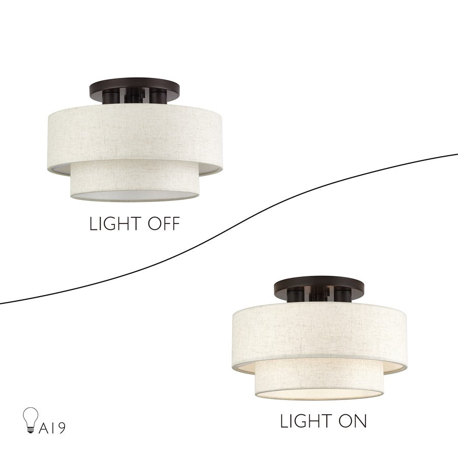 Livex Manorwood 3Lt 9.5" Semi-Flush, Bronze/Oatmeal/White