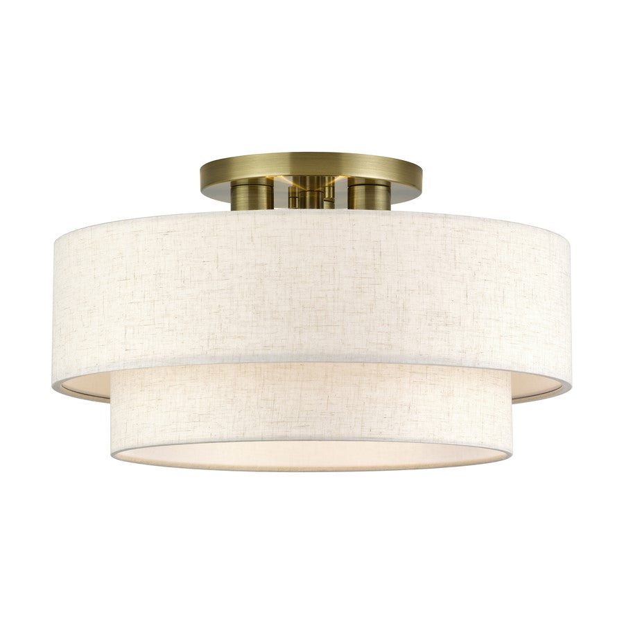 Livex Manorwood 3Lt 10" Semi-Flush, Brass/Oatmeal/White - 41945-01