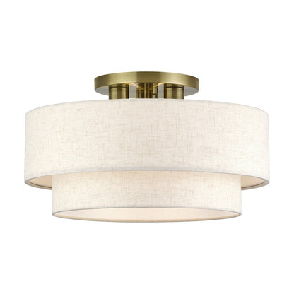 Livex Manorwood 3Lt 10" Semi-Flush, Brass/Oatmeal/White - 41945-01