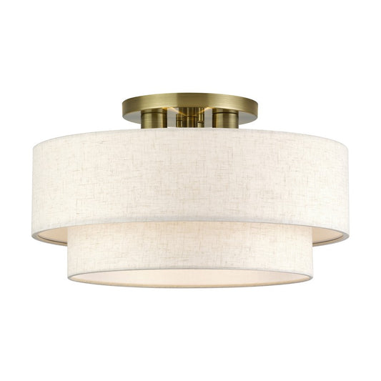 Livex Manorwood 3Lt 10" Semi-Flush, Brass/Oatmeal/White - 41945-01