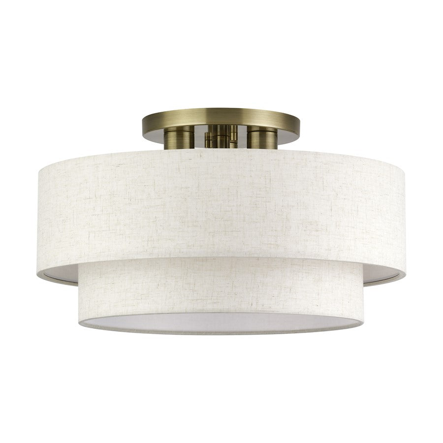 Livex Manorwood 3Lt 10" Semi-Flush, Brass/Oatmeal/White