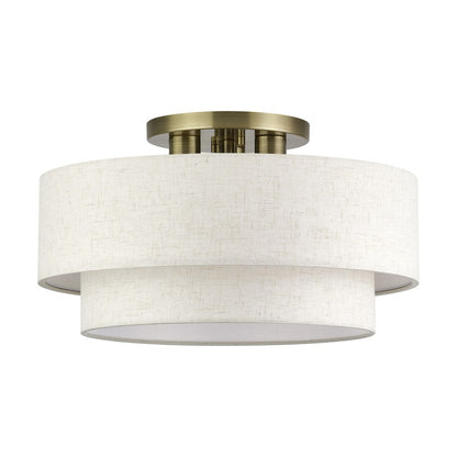 Livex Manorwood 3Lt 10" Semi-Flush, Brass/Oatmeal/White