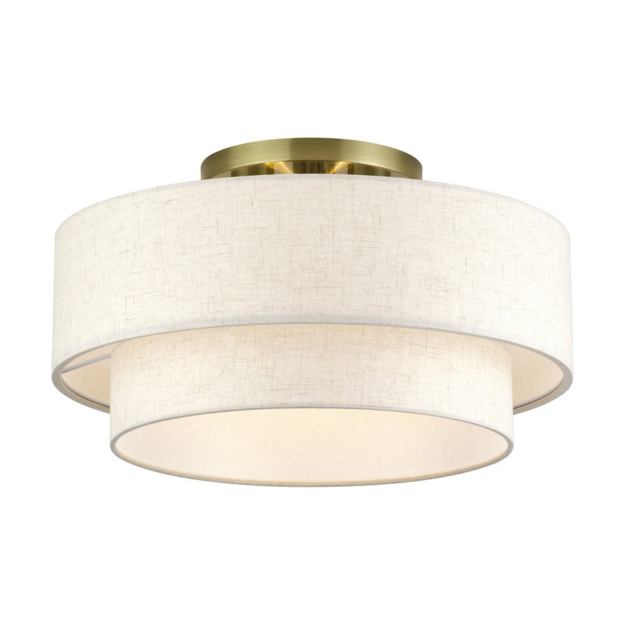Livex Manorwood 3Lt 10" Semi-Flush, Brass/Oatmeal/White
