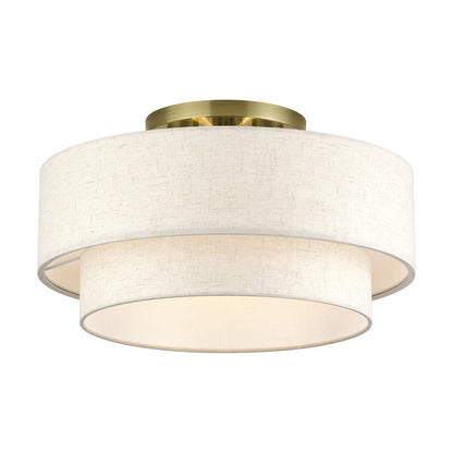 Livex Manorwood 3Lt 10" Semi-Flush, Brass/Oatmeal/White