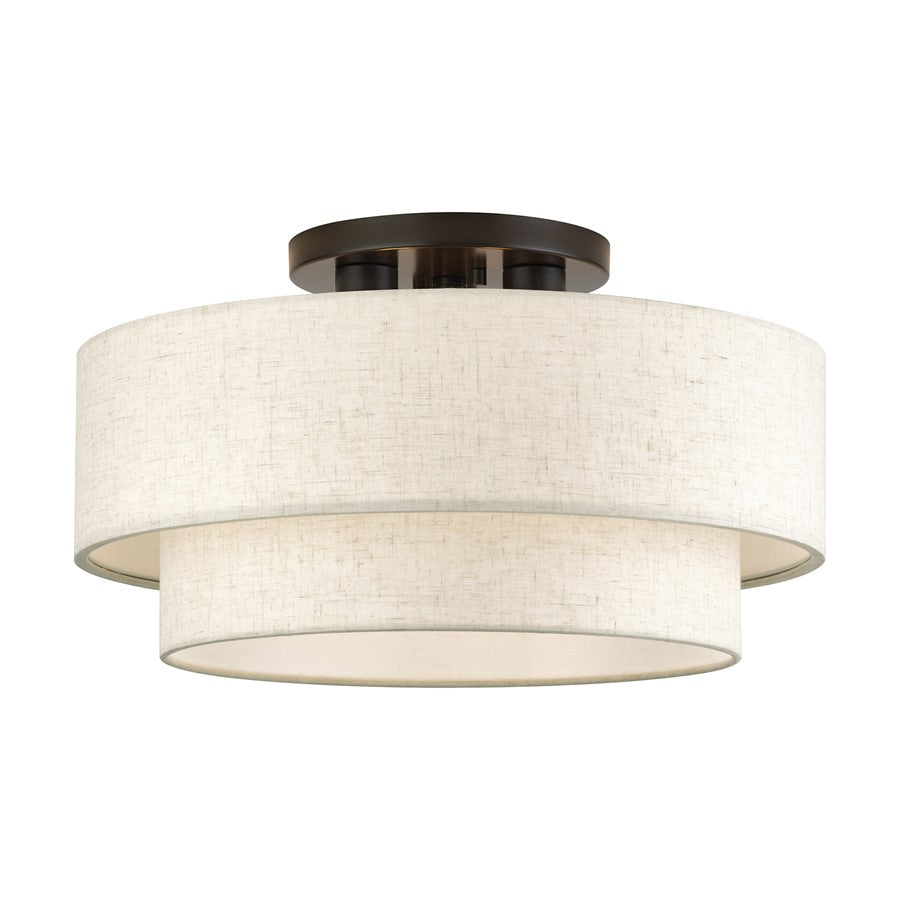 Livex Manorwood 3Lt 10" Semi-Flush, Bronze/Oatmeal/White - 41945-92