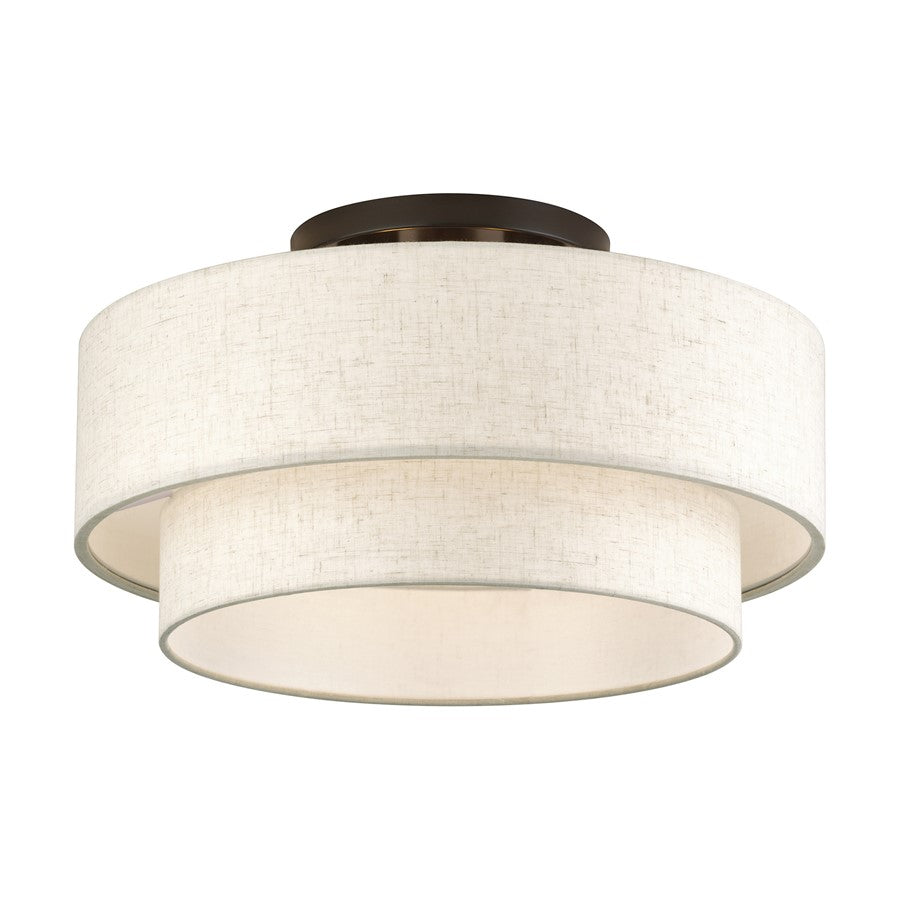 Livex Manorwood 3Lt 10" Semi-Flush, Bronze/Oatmeal/White