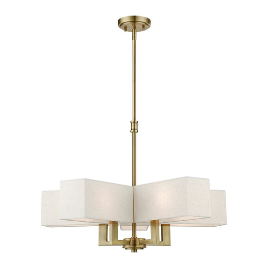Livex Rubix 5 Light Chandelier, Antique Brass/Oatmeal/White Fabric