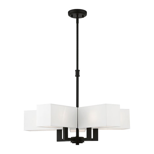 Livex Rubix 5 Light Chandelier, Brass/Off-white Fabric/White Fabric