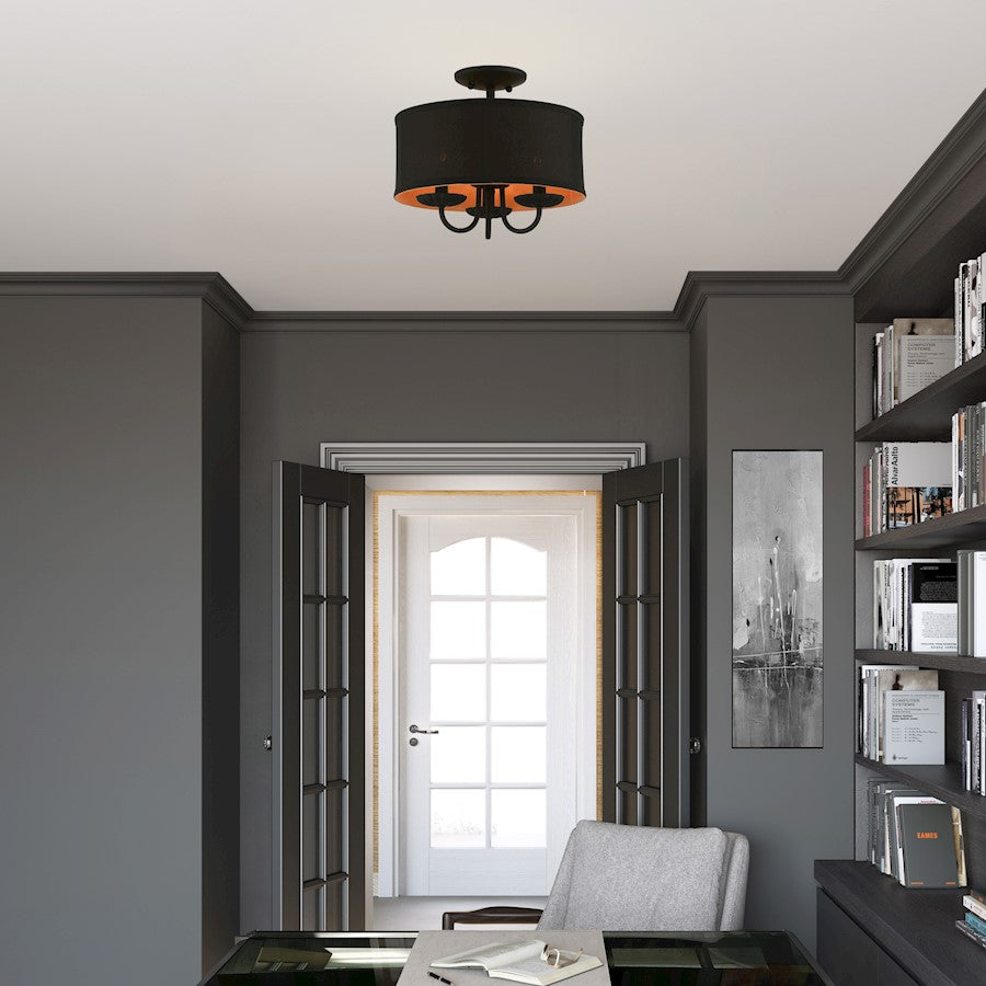 Livex Winchester 3 Light 13" Semi-Flush, Black/Black/Orange Fabric