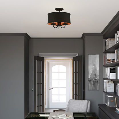 Livex Winchester 3 Light 13" Semi-Flush, Black/Black/Orange Fabric