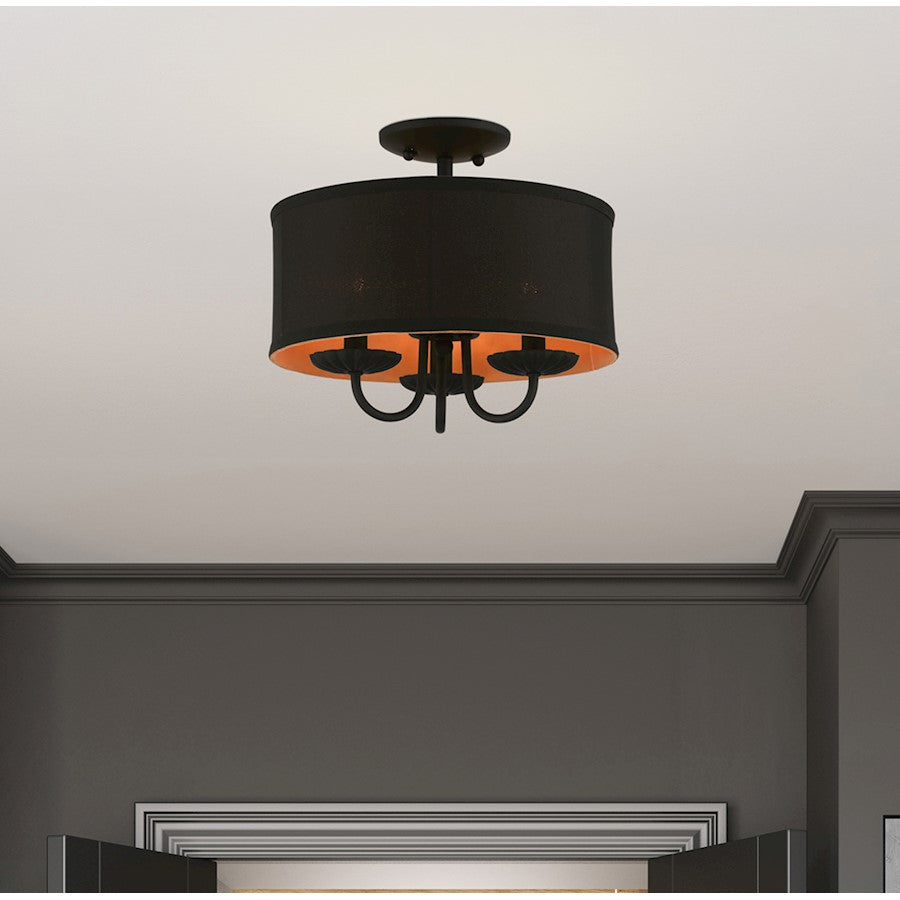Livex Winchester 3 Light 13" Semi-Flush, Black/Black/Orange Fabric