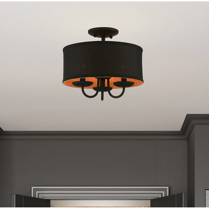 Livex Winchester 3 Light 13" Semi-Flush, Black/Black/Orange Fabric