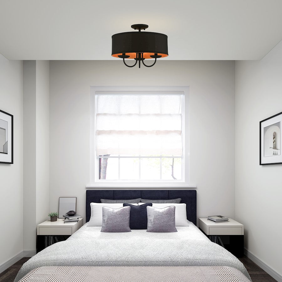 Livex Winchester 3 Light 16" Semi-Flush, Black/Black/Orange Fabric