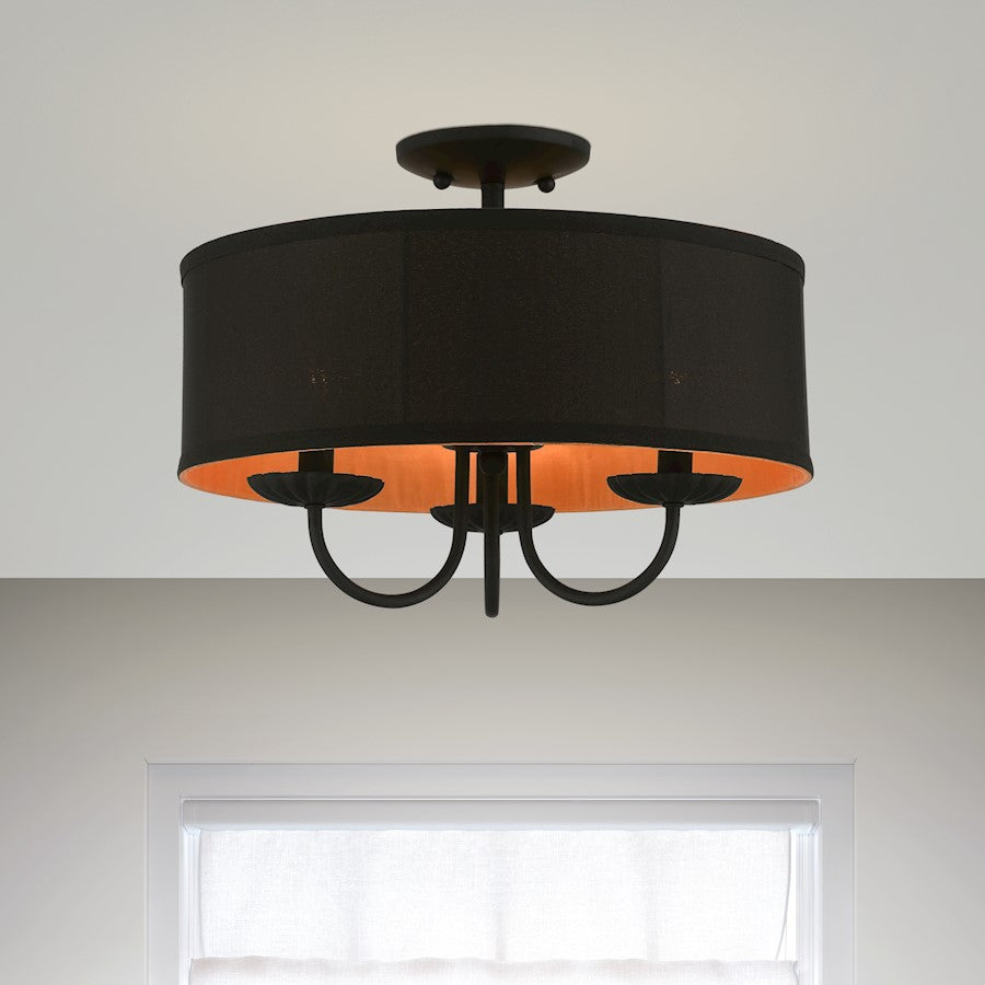 Livex Winchester 3 Light 16" Semi-Flush, Black/Black/Orange Fabric