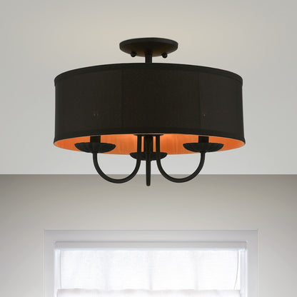 Livex Winchester 3 Light 16" Semi-Flush, Black/Black/Orange Fabric