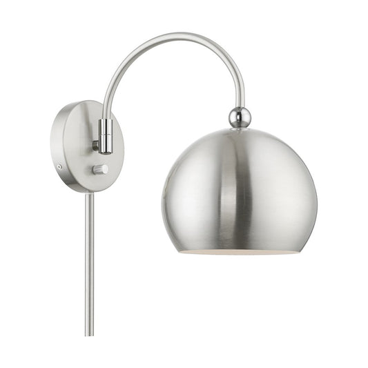 Livex Stockton 1 Light Swing Arm Wall Lamp, Nickel/Chrome/Steel/White
