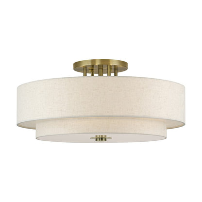 Livex Monroe 6Lt 14" Semi-Flush, Brass/Oatmeal/White - 45849-01