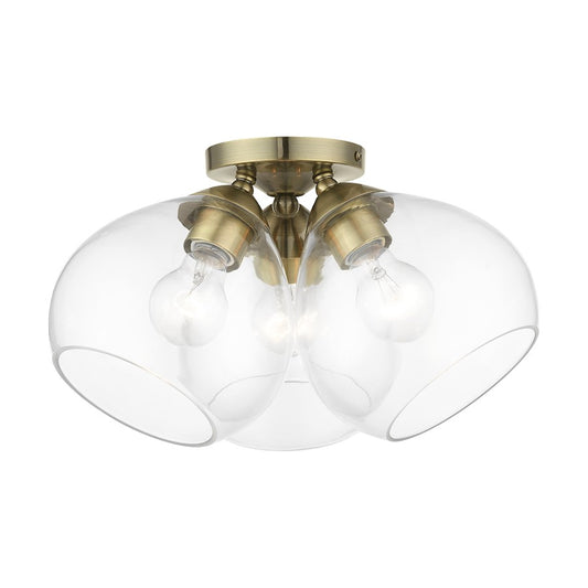 Livex Catania 3 Light Semi-Flush, Antique Brass/Clear