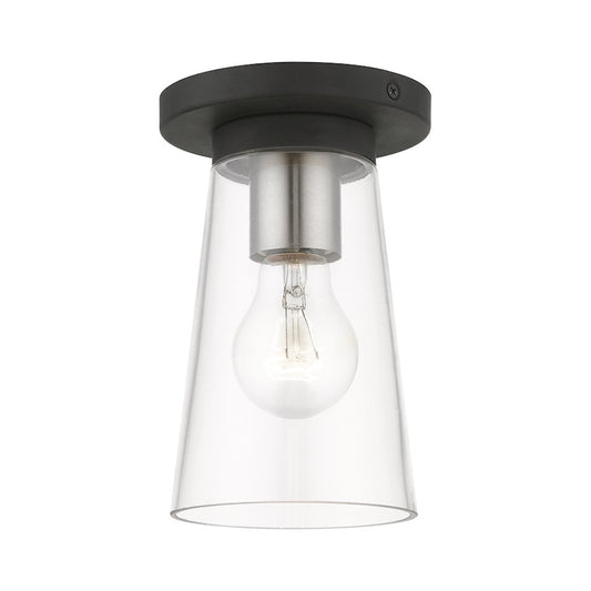 Livex Cityview 1 Light Small Flush Mount, Black/Brushed Nickel/Clear