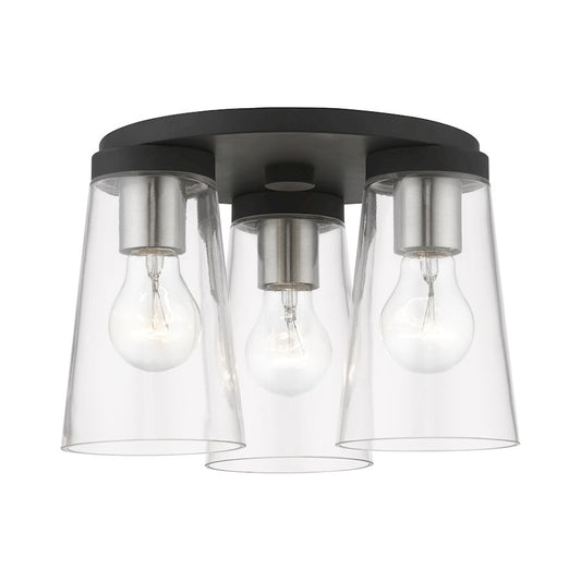 Livex Cityview 3 Light Large Flush Mount, Black/Brushed Nickel/Clear