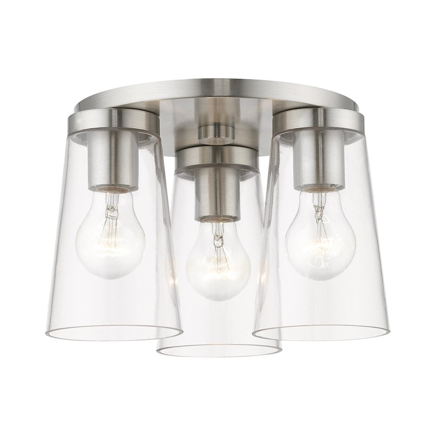 Livex Cityview 3 Light Large Flush Mount, Brushed Nickel/Clear