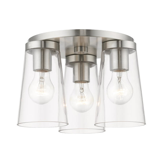 Livex Cityview 3 Light Large Flush Mount, Brushed Nickel/Clear