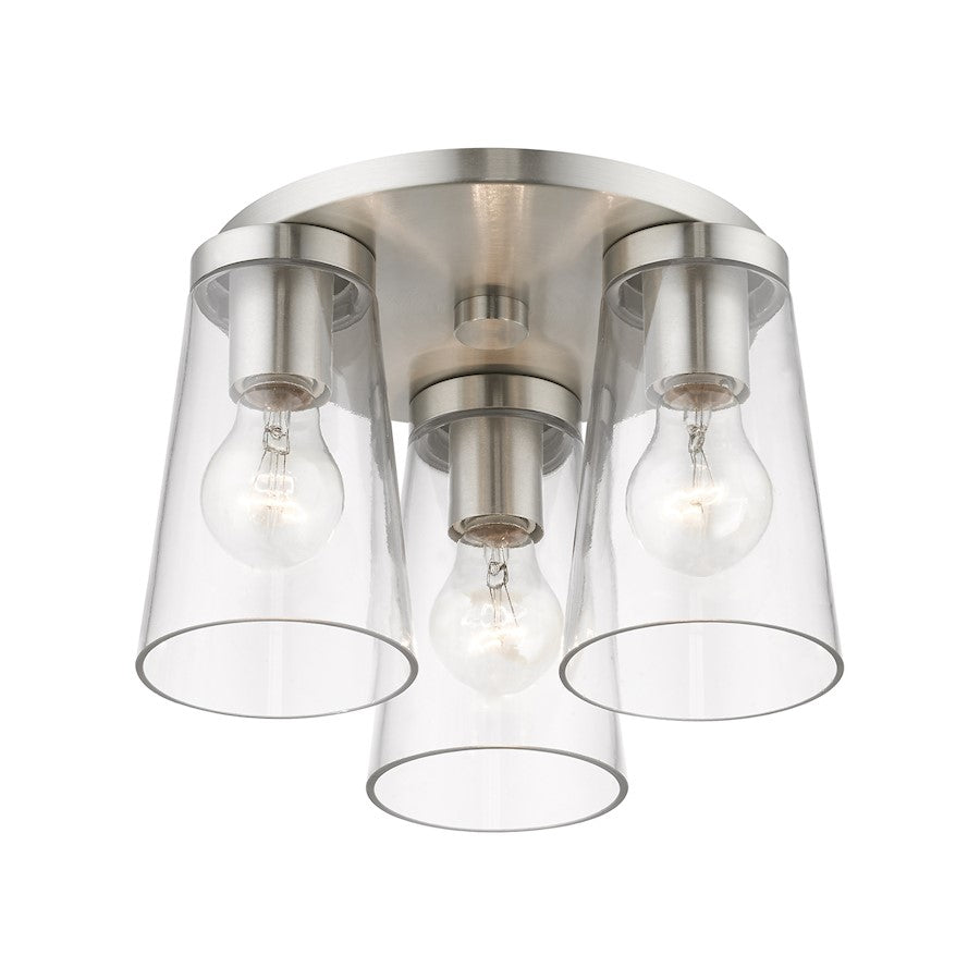 Livex Cityview 3 Light Large Flush Mount, Brushed Nickel/Clear