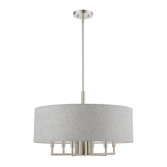 Livex Dakota 7 Light Pendant Chandelier, Nickel/Gray Fabric/White