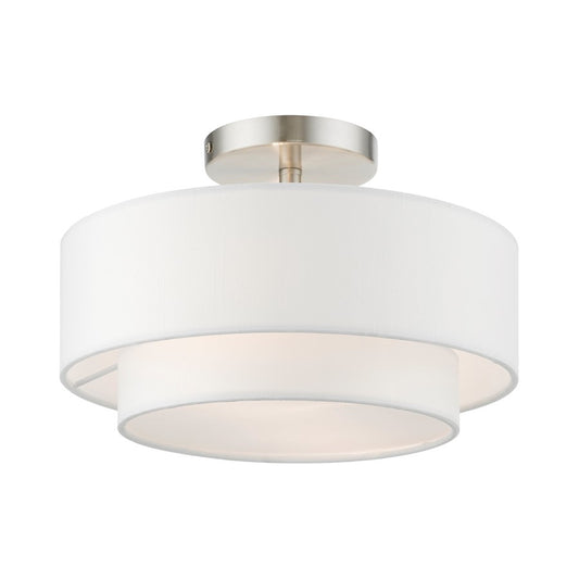Livex Meridian 2 Light 12" Semi-Flush, Nickel/Off-white/White Fabric
