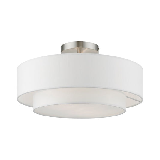 Livex Meridian 2 Light 15" Semi-Flush, Nickel/Off-white/White Fabric
