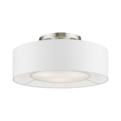 Livex Gilmore 3 Light Semi-Flush, Nickel/White/Off-white/White Fabric