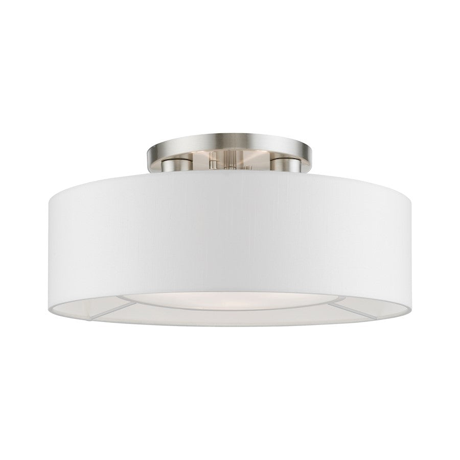 Livex Gilmore 3 Light Semi-Flush, Nickel/White/Off-white/White Fabric
