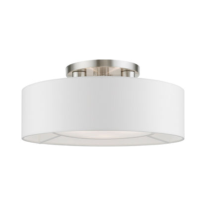 Livex Gilmore 3 Light Semi-Flush, Nickel/White/Off-white/White Fabric