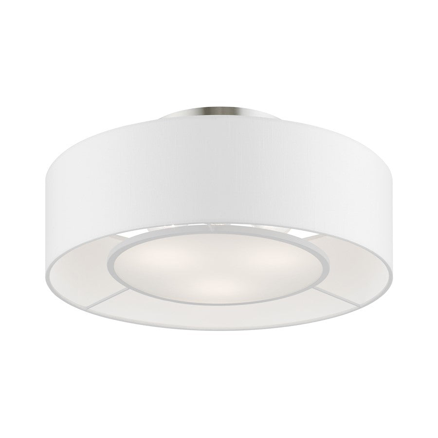 Livex Gilmore 3 Light Semi-Flush, Nickel/White/Off-white/White Fabric