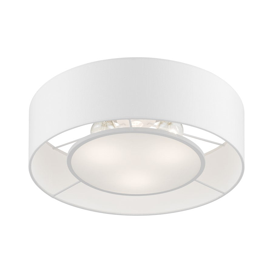 Livex Gilmore 3 Light Semi-Flush, Nickel/White/Off-white/White Fabric