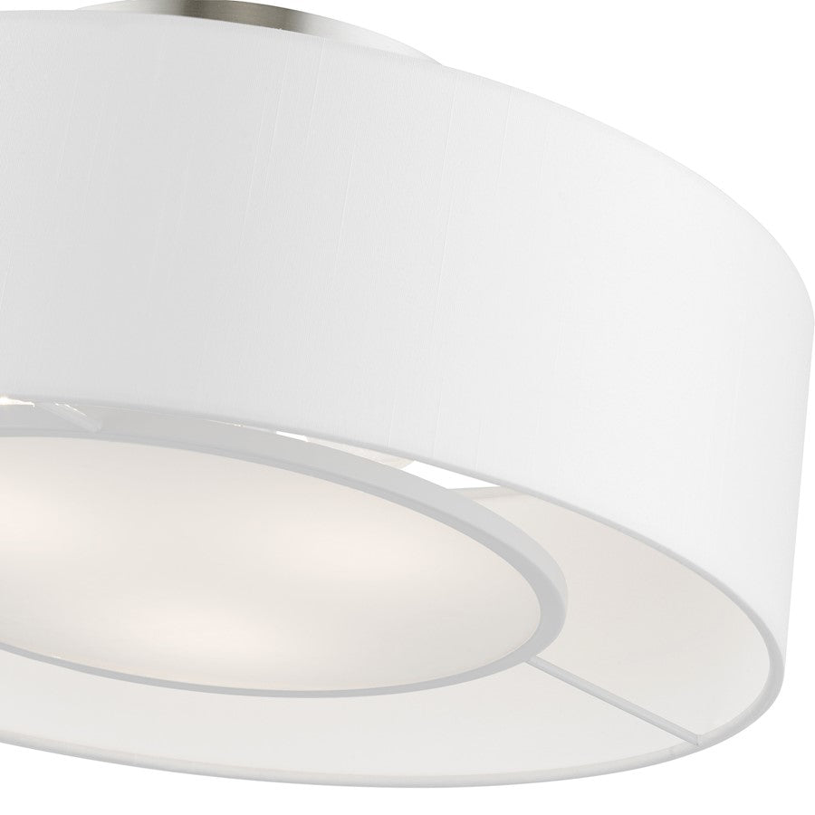Livex Gilmore 3 Light Semi-Flush, Nickel/White/Off-white/White Fabric