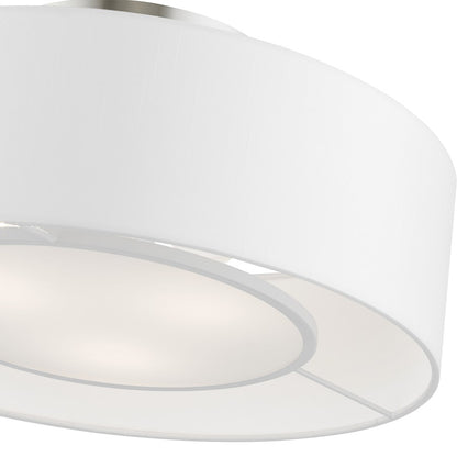 Livex Gilmore 3 Light Semi-Flush, Nickel/White/Off-white/White Fabric