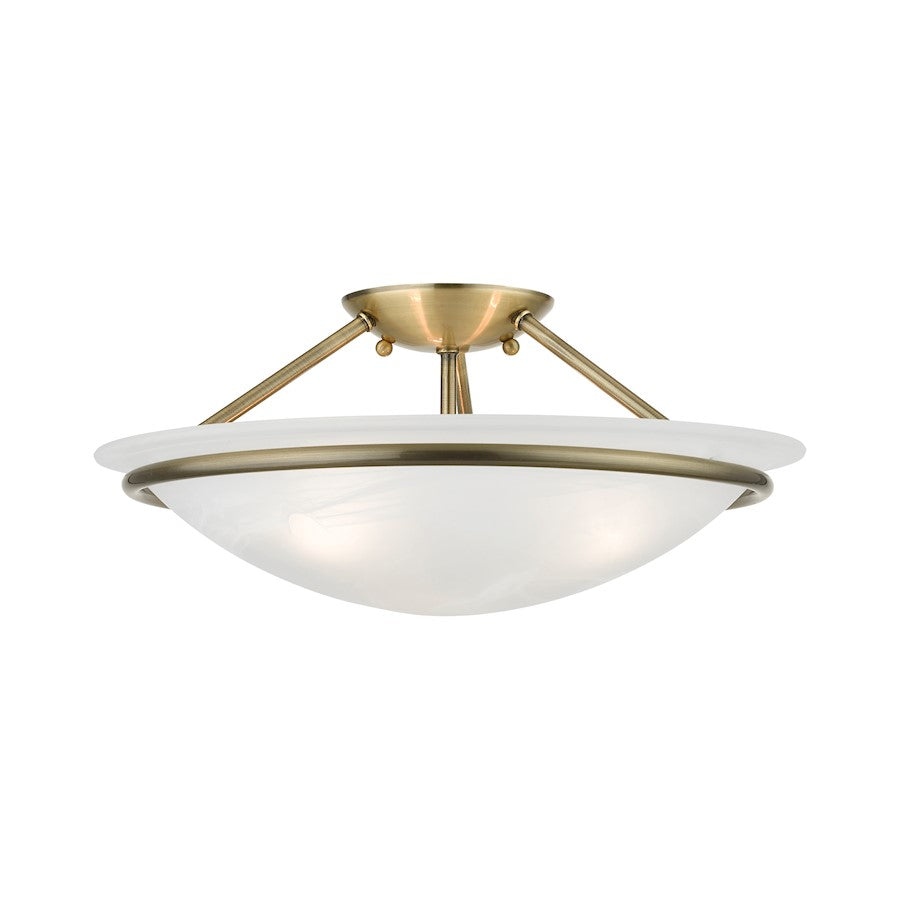 Livex Newburgh 3 Light 7" Semi-Flush, Antique Brass/White Alabaster