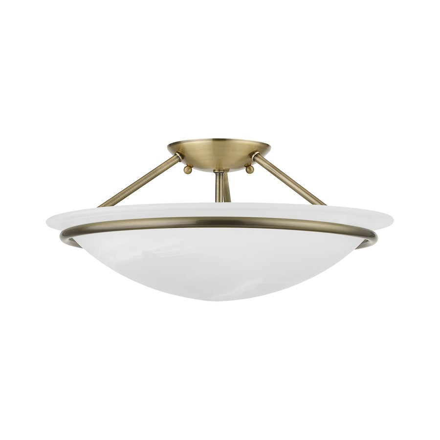 Livex Newburgh 3 Light 7" Semi-Flush, Antique Brass/White Alabaster