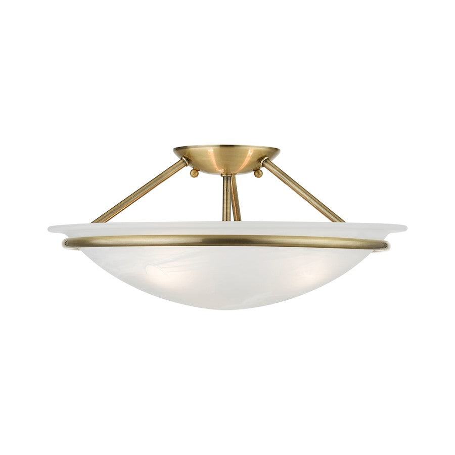 Livex Newburgh 3 Light 7" Semi-Flush, Antique Brass/White Alabaster