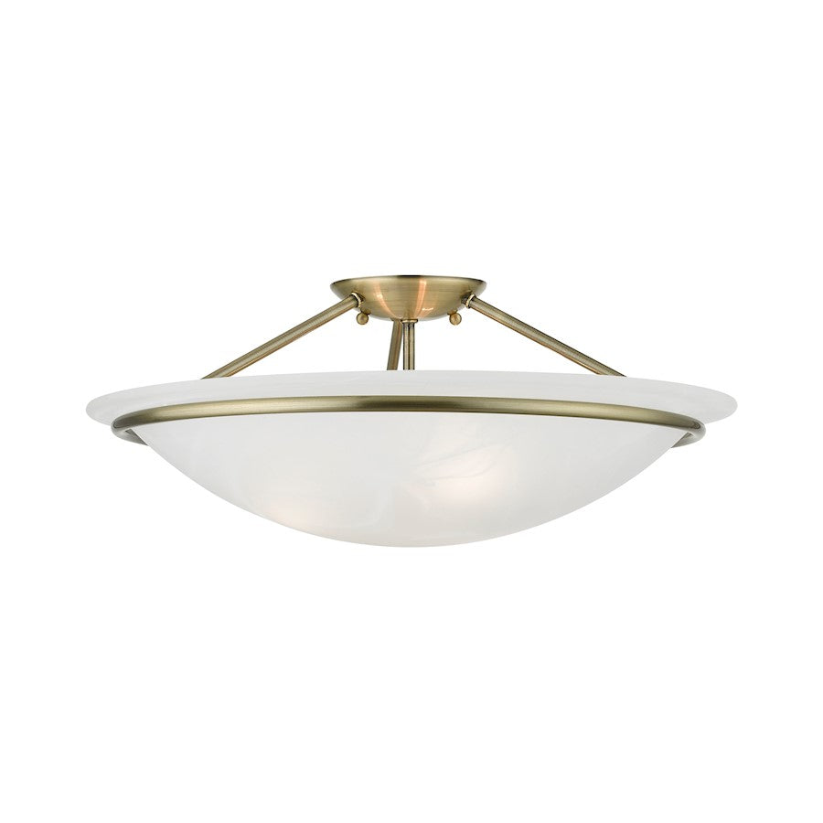 Livex Newburgh 3 Light 8" Semi-Flush, Antique Brass/White Alabaster