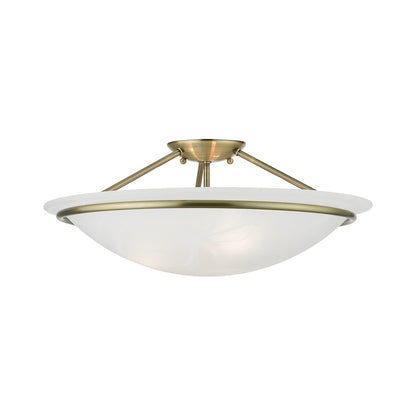 Livex Newburgh 3 Light 8" Semi-Flush, Antique Brass/White Alabaster