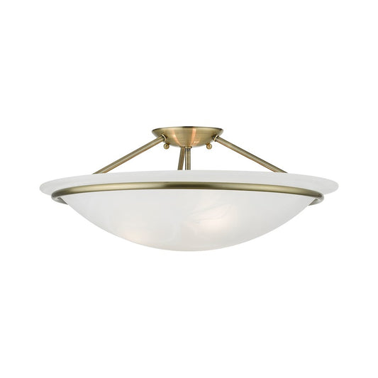 Livex Newburgh 3 Light 8" Semi-Flush, Antique Brass/White Alabaster