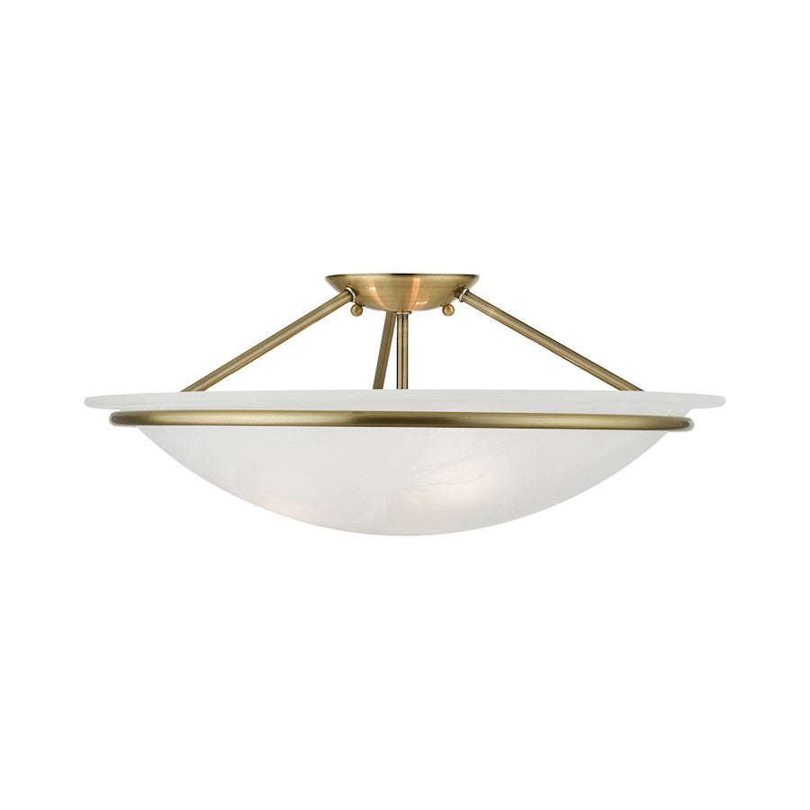 Livex Newburgh 3 Light 8" Semi-Flush, Antique Brass/White Alabaster